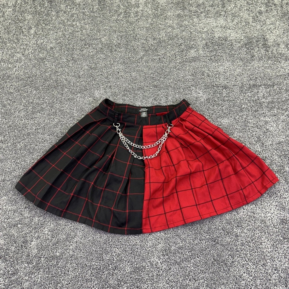 Social Collision Skirt Womens M Multicolor Plaid Pleated Chain Punk Mini